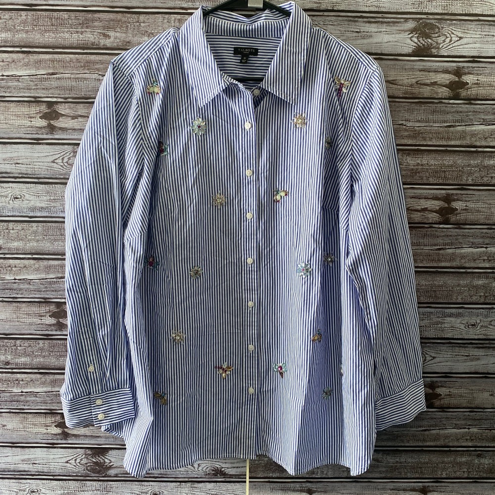 Talbots Women's Long-Sleeved Button-Down Top Size 1X Pin-Striped Embellished